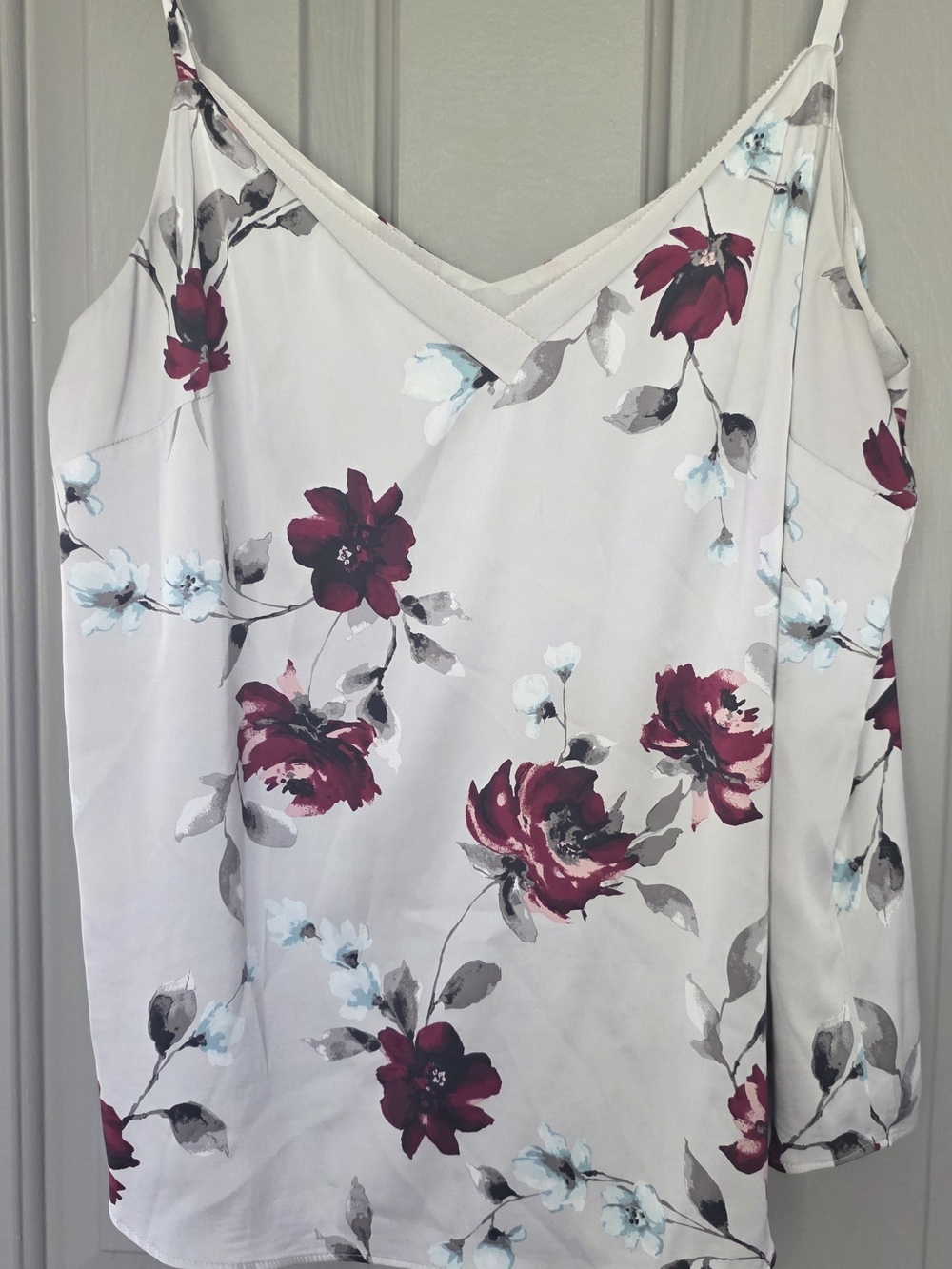 WHBM Floral V-Neck Cold-Shoulder Women's Top - Silver with Burgundy Flowers